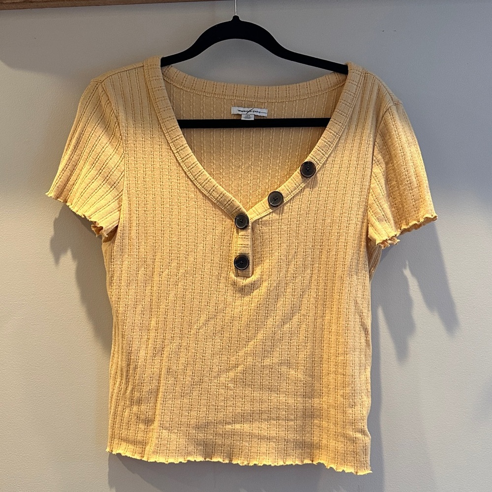American Eagle Outfitters Yellow Ribbed V-Neck Button Tee
